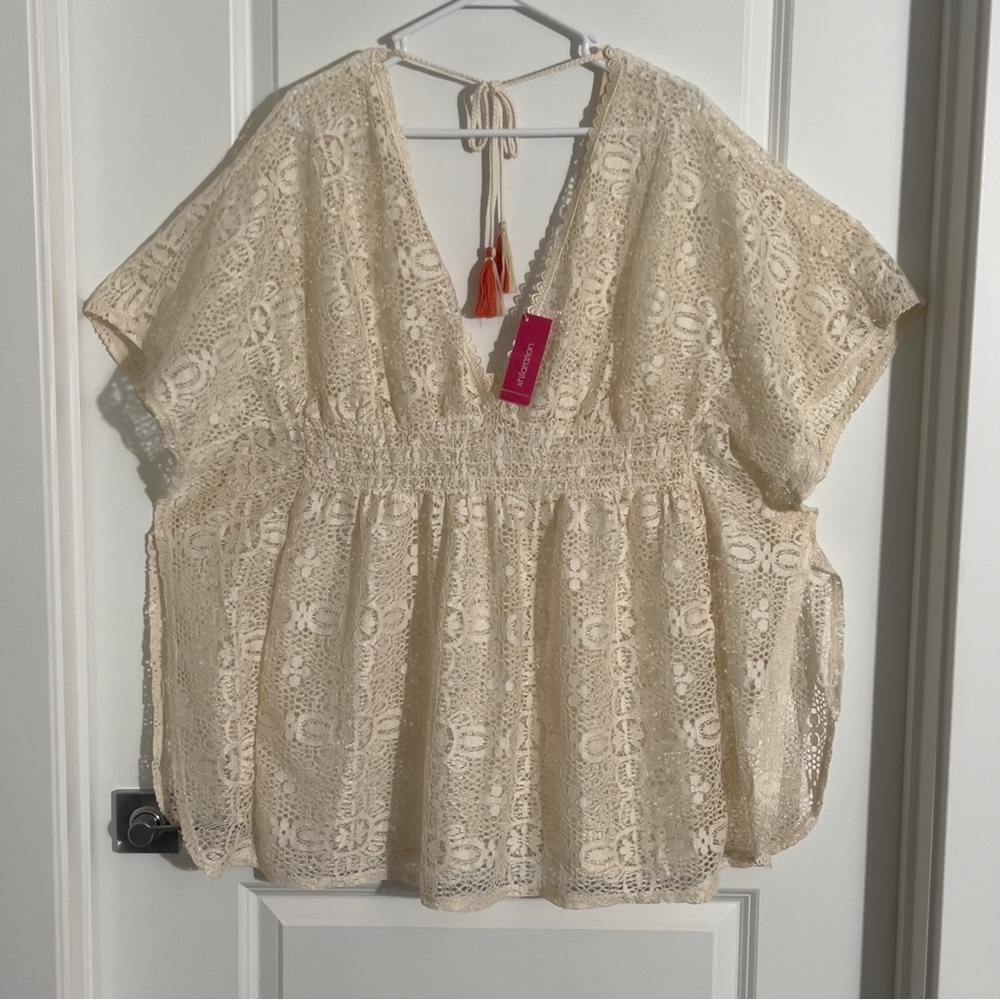 Xhilaration Cream Beige Crochet Beach Coverup Sheer Size XL Boho Tassel